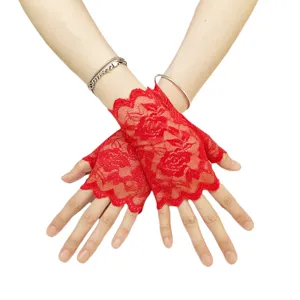 Women's red lace fingerless gloves short floral design for driving, parties and wedding wear.