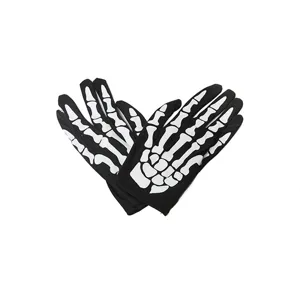 Halloween black skeleton bone gloves, spooky costume party handwear, unisex stretch gloves.