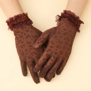 Summer thin brown leopard print lace gloves sheer mesh ruffled elegant party riding gloves
