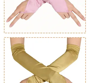 Detail shot of long satin finger loop gloves in pink and gold, smooth texture for bridal use.