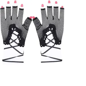 Women black fishnet half-finger gloves short lace-up gothic punk style party gloves pair
