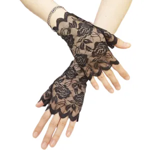 Women black lace fingerless gloves floral short wrist gloves driving party wedding fashion