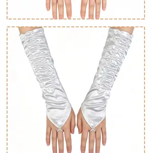 Long satin pleated bridal wedding gloves with rhinestones, elegant evening party hand accessories.