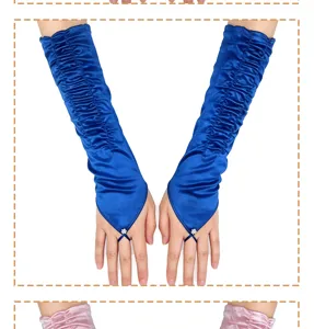 Long royal blue satin pleated gloves with rhinestone flower finger loops for wedding and prom.