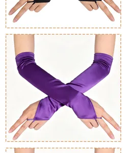 Long purple satin fingerless gloves detail shot, elegant evening party and wedding costume accessory.