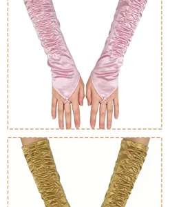 Long satin ruched gloves detail view showcasing elastic pleated wedding prom accessory style.