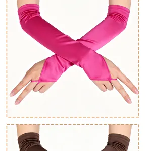 Long satin finger loop gloves detail view, elegant glossy pink fabric for wedding party or vintage wear.