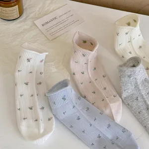 Calcetines mujer media canana primavera verano finos estampado floral borde enrollado