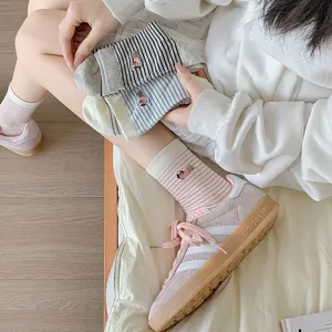 Cute stripe mid-tube socks with puppy embroidery, soft cotton socks for daily wear detail