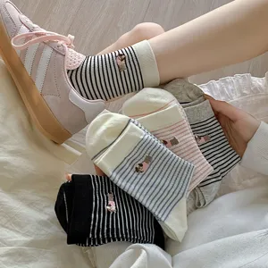 Women Casual Combed Cotton Crew Socks Ins Style Color Block Striped Cute Dog Embroidery Four Season Piled Socks