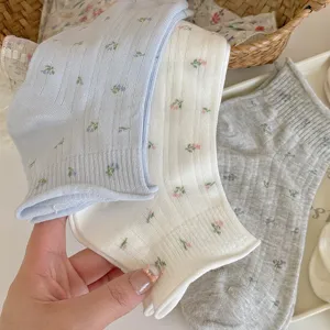 Calcetines cortos florales de mujer verano algodón transpirable lindo puño enrollado diario