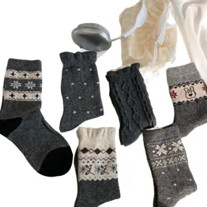 Winter warm wool blend mid-tube socks set, cozy Nordic Fair Isle patterned socks.
