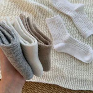 Detailed close-up of winter women wool socks with classic cable knit texture and cozy fit.