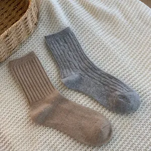 Close-up of women's chunky wool mid-calf socks with classic ribbed texture for winter.