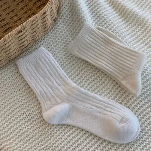 Women autumn winter solid color cable knit mid tube socks cozy warm vintage thick socks.