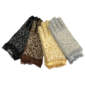 Sheer leopard print lace gloves summer sun protection elegant mesh ruffles party gloves.