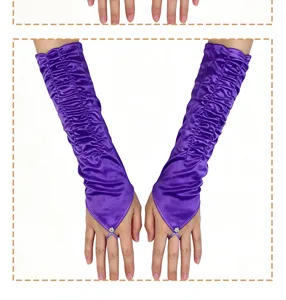 Women purple satin long gloves with pleated design and rhinestone finger loops for party.