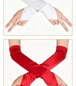 Long satin finger loop gloves detail view, elegant bridal and party costume accessory in red.