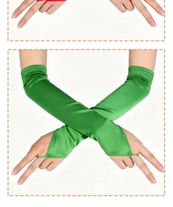 Green satin fingerless long gloves detail, elegant retro arm sleeves for costume party.