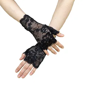 Women black lace fingerless gloves short wrist bridal wedding evening party costume