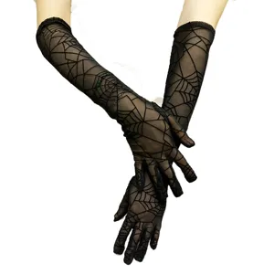 Gants longs noirs en dentelle à motif toile d'araignée Halloween résille gothique élégants