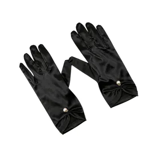 Black satin short bridal gloves with elegant pearl wrist detail for evening party and wedding.