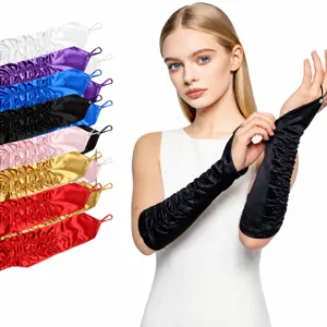 Women Elegant Satin Long Gloves Pleated Rhinestone Wedding Bridal Prom Party Opera Evening Dress Accessory
