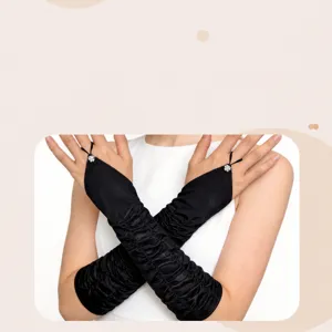Women satin bridal gloves long pleated evening prom accessories with rhinestones stretchy