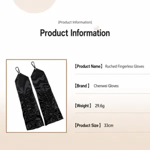 Black satin gathered fingerless gloves with rhinestones, 33cm long evening party accessories.