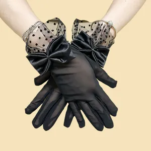 Black lace mesh gloves with bow vintage tea party gloves women elegant accessories