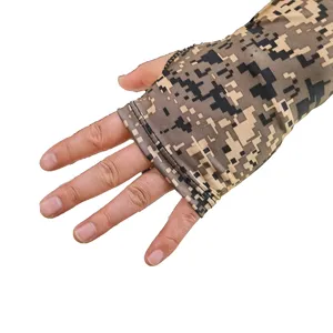 Detail view of outdoor sun protection arm sleeves, digital camo ice silk fabric with thumb hole.