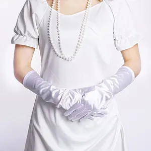 White satin stretch opera gloves for wedding, evening party, prom, and formal events.