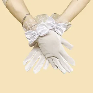 Elegant white lace short gloves with satin bows, perfect for vintage tea parties and weddings.