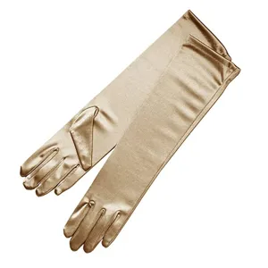 Close-up detail view of champagne satin long gloves showing smooth glossy texture.