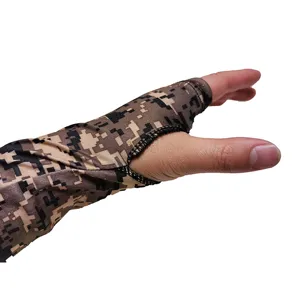Detail view of summer outdoor sun protection arm sleeves with digital camo and thumb holes.