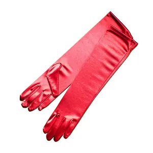Red satin long gloves detail, elegant stretch silk texture for evening party, prom and weddings.
