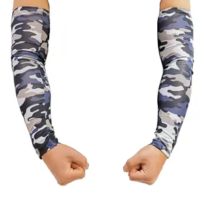 Closeup of summer camo arm sleeves showing flexible fabric, ideal for outdoor fishing cycling.