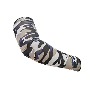 Detail view of the camo arm sun protection sleeve, breathable fabric, outdoor sports gear.