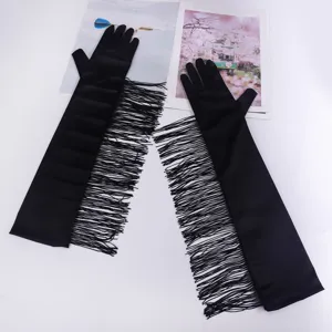 Damen lange schwarze Fransen Handschuhe fuer Party Buehne Performance Abendkleid