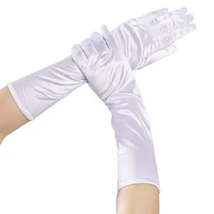 Elegant white satin long gloves for women, 38cm opera evening party formal dress gloves.