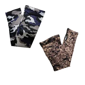 Camo sun protection sleeves detail showcasing digital printed fabric and finger hole design.