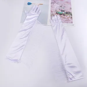 Lange weiße Damen-Satinhandschuhe mit Fransen für Bühnenpartys, Shows und elegante Abendveranstaltungen.
