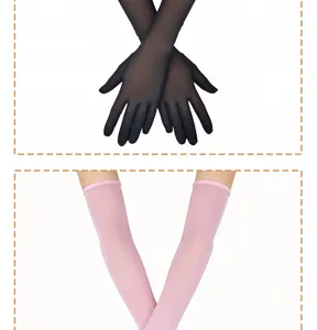 Detailed close-up of sheer long gloves in black and pink, translucent opera performance styles.