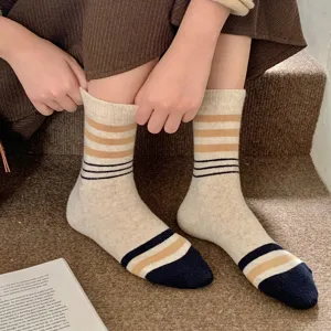 Chaussettes mi-bas épaisses en laine à rayures pour femmes, chaussettes thermiques d'hiver.