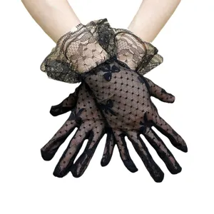 Black lace mesh gloves for women, summer sun protection, elegant bow knot bridal party.