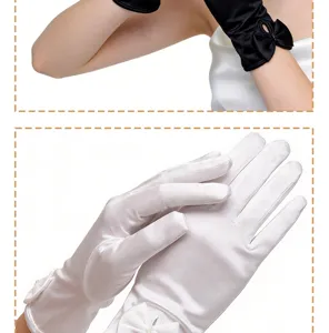 Satin bow gloves detail view, elegant wrist length formal evening party accessory.
