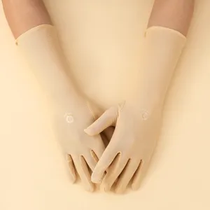 Women long milk silk sun protection gloves elegant stage driving riding hand cover beige