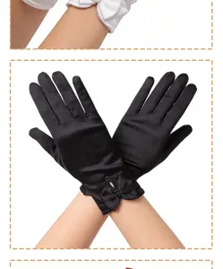 Black satin wrist length evening gloves with bow detail, elegant formal party dress accessory.