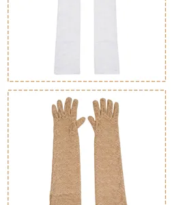 Elegant long lace gloves detail view, featuring delicate floral patterns for evening parties.
