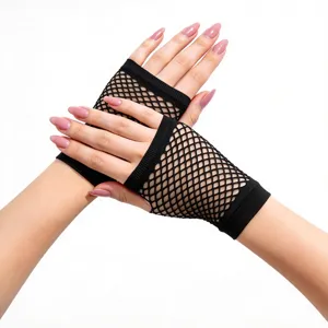Black short fishnet fingerless gloves for women party clubwear and Halloween costumes.